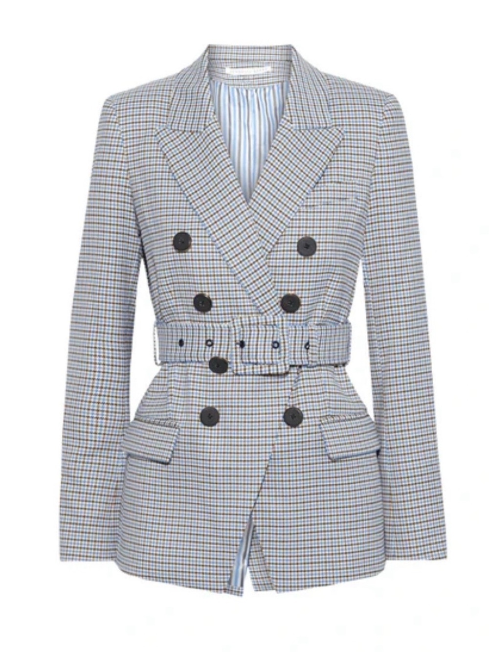 Veronica Beard Belted Double-Breasted Checked Blazer — Blue, Gray